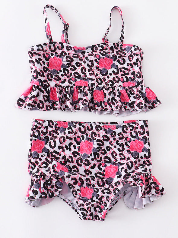 Leopard Floral Ruffle Swimsuit Set